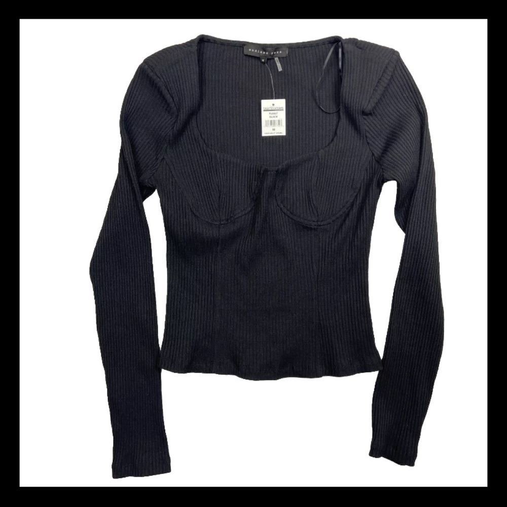 Anthropologie Endless Rose Sweetheart Neck Shoulder Pad Long Sleeve Top Medium
